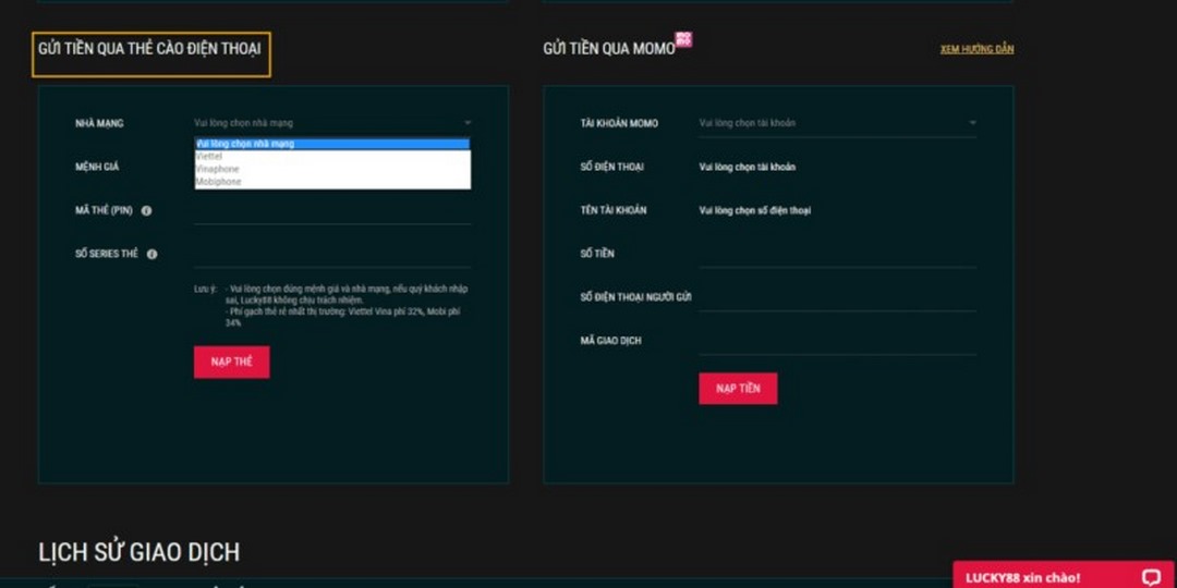 Nạp tiền tại nhà cái Lucky88
