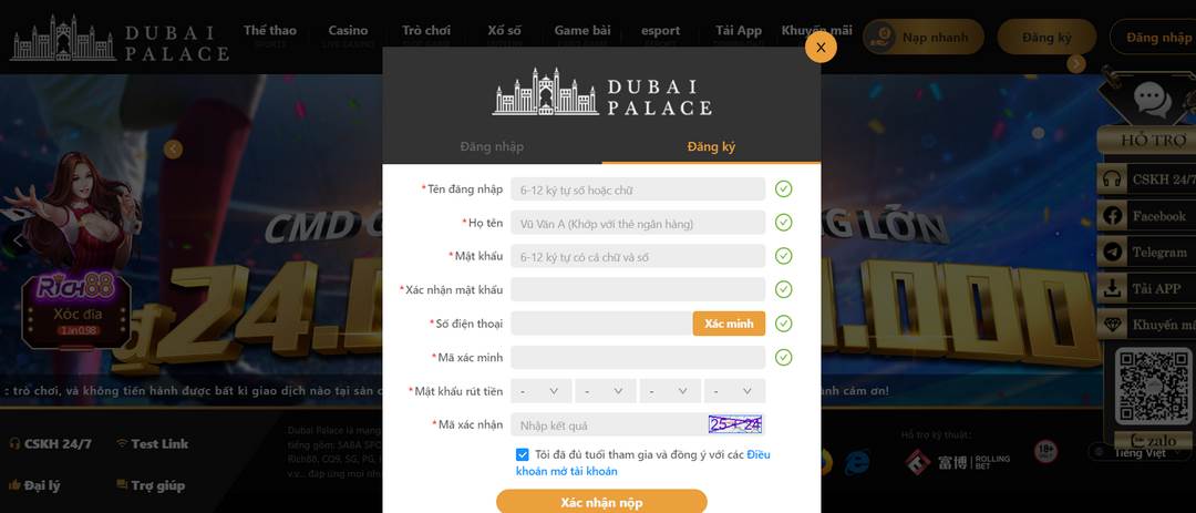 Tạo tài khoản Dubai Palace không mất phí